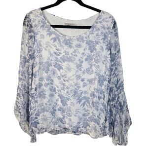 Viola Borghi Blouse Women's L Blue White Floral Silk Bell Sleeve Feminine Fairy